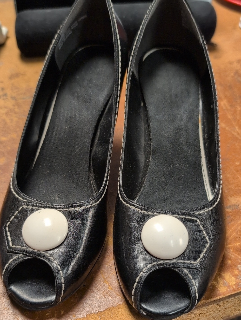 Naturalizer Black Peep-Toe Heels with White Button Detail